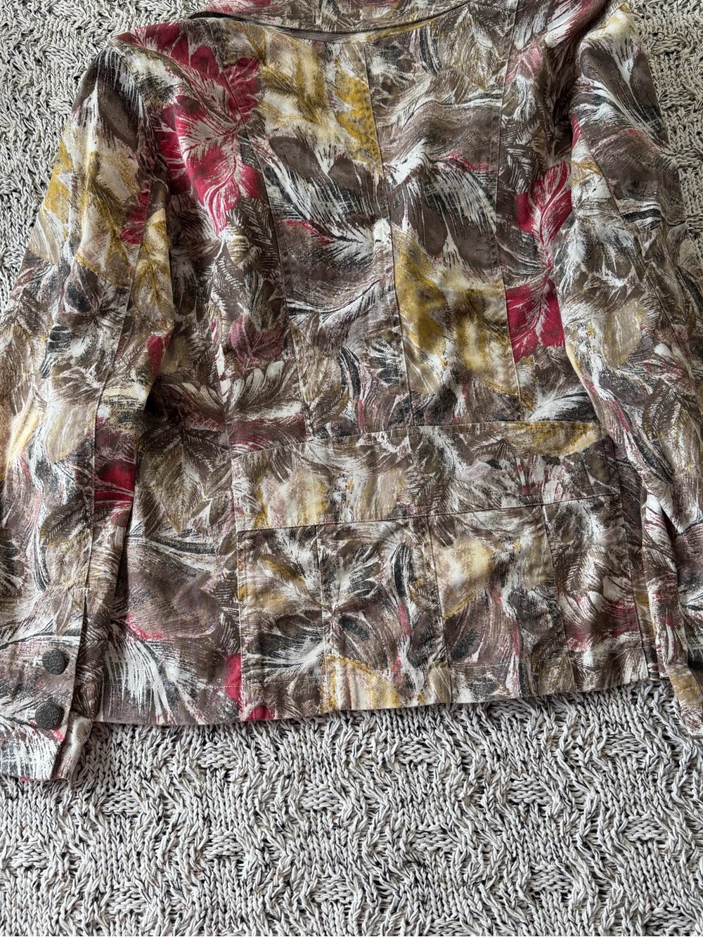 Chico's Multicolor Leaf-Print Jean Jacket — Brown, Red & Yellow - Picture 5 of 16